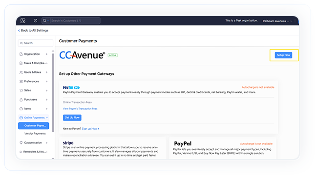 Click the 'setup now' button displayed alongside the ccavenue payment gateway to initiate the plugin installation.