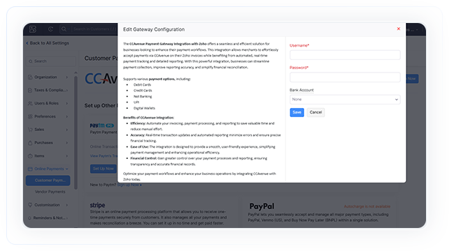 Enter username(access code) and password (working key), then click 'save.' the plugin will be installed and appear to the merchant during invoice creation. Enter username(access code) and password (working key), then click 'save.' the plugin will be installed and appear to the merchant during invoice creation.