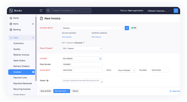 Add invoice details, enter customer name, place of supply, order number and subject etc.