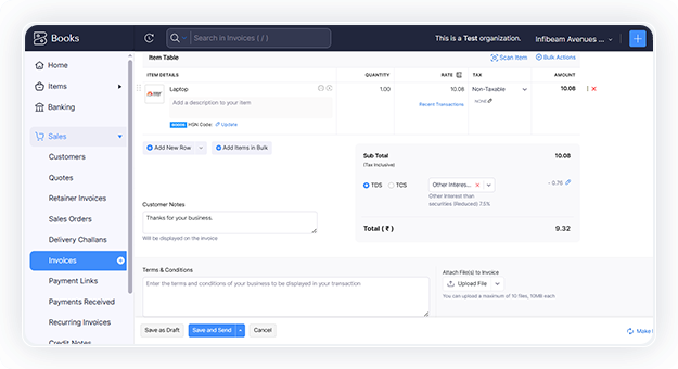 Add item details with the amount and click on 'Save & Send'