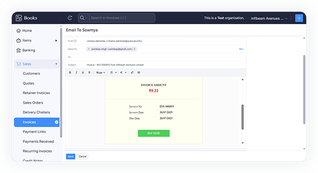 Send an invoice via email to the customer from the invoice dashboard module