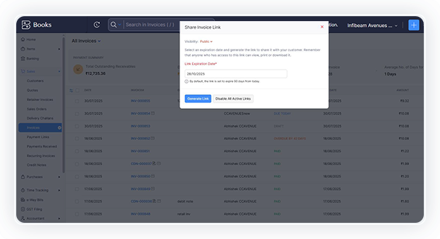 From the invoice dashboard, select the relevant invoice and share the invoice link with the customer whenever required