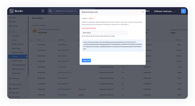 Click on generate link & copy the link to send customer (offline)