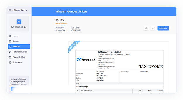 The customer opens the invoice via the link or from the customer portal