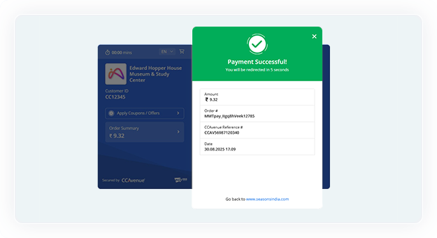 CCAvenue processes the payment, and the customer redirects to the payment confirmation page