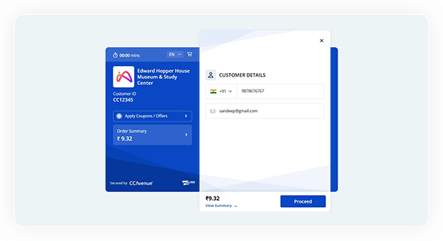 The customer will redirect to the CCAvenue payment page, where they will enter mobile number and email address and proceed