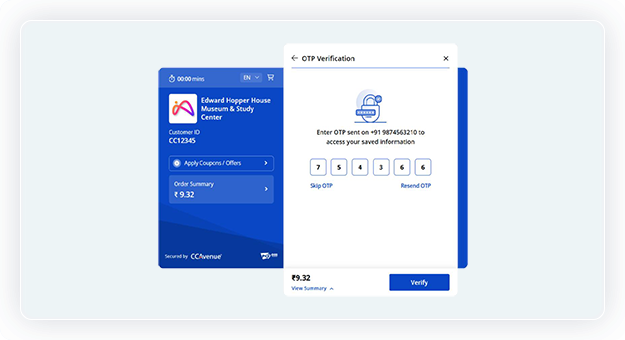 The system will send an OTP to the entered mobile number to retrieve any existing saved information. Alternatively, the customer may choose to skip this step