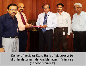 Senior Officials of Bank of Mysore with Mr.Nandkumar Menon, Manager-Alliances, Avenues(second from left) Senior Officials of Bank of Mysore with Mr.Nandkumar Menon, Manager-Alliances, Avenues(second from left)