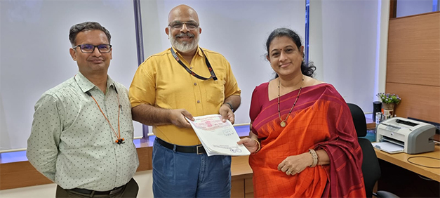 From Left to Right: Mr. Shridhar Nene, Chief Manager, TJSB Bank (Left), Mr. T. Nandakumar Menon, Vice President – Alliances & Operations (Middle), Ms. Subbalakshmy Shirali,  CGM, TJSB Bank (Right)