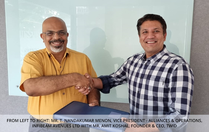 From Left to Right: Mr. T. Nandakumar Menon, Vice President - Alliances & Operations, Infibeam Avenues Ltd with Mr. Amit Koshal, Founder & CEO, Twid From Left to Right: Mr. T. Nandakumar Menon, Vice President - Alliances & Operations, Infibeam Avenues Ltd with Mr. Amit Koshal, Founder & CEO, Twid